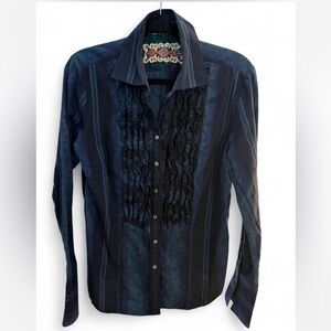 Rare Robert Graham Dark Blue Ruffled Button Down Shirt